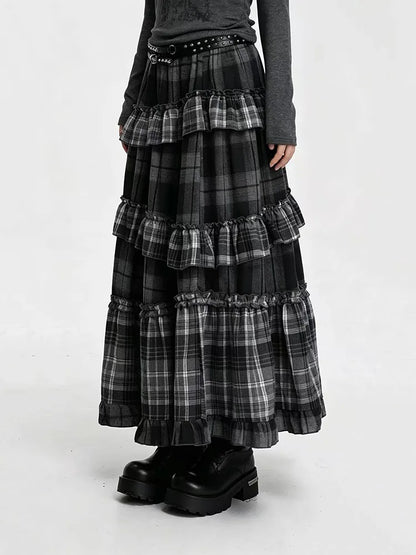 Vintage Plaid Patchwork Skirts for Women Japanese High Waist Ruffles Splicing Midi Skirts Y2K Harajuku Streetwear A Line Skirts