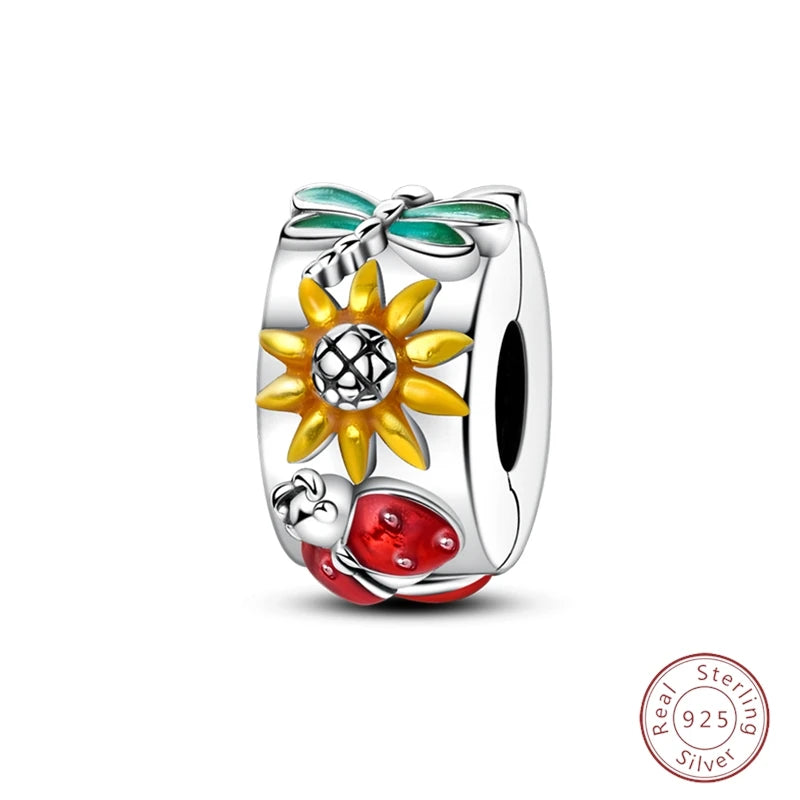 Spring Day 925 Sterling Silver Sunflower Azalea Peony Butterfly Flower Charms Beads Fit 3mm Bracelets DIY Fine Jewelry Making