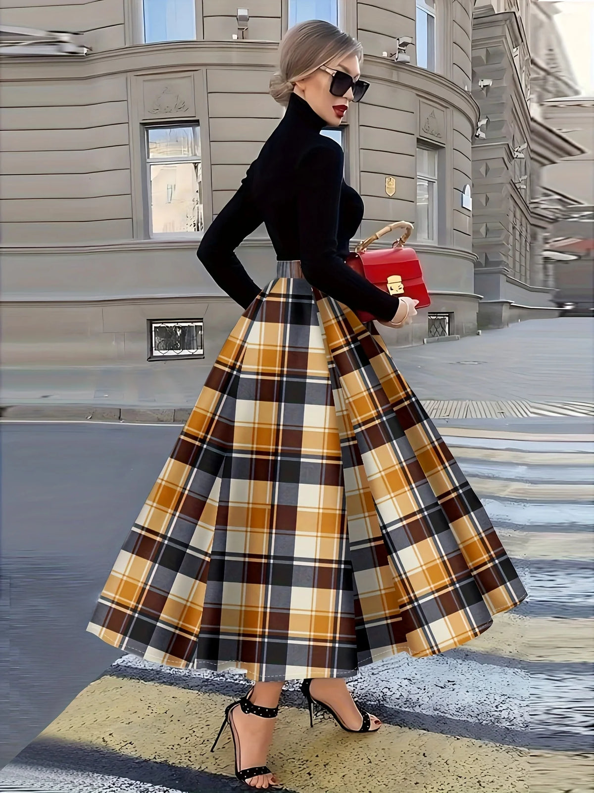 Printed Design Four season checkered pattern orange and black vacation style half skirt