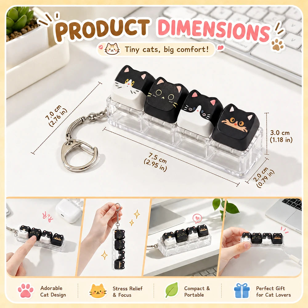 Cute Cat Relax Button Keycap, Kawaii Cat 4-Key Keyboard Fidget Toy for Friends Gift, Portable Fidget Keychain Fashion Bag Charm