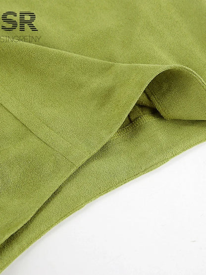 SINGREINY Avocado Green Suede Long Skirt Women Newest 2026 Autumn Minimalist Y2K Vintage Solid Warm Split Midi Skirts