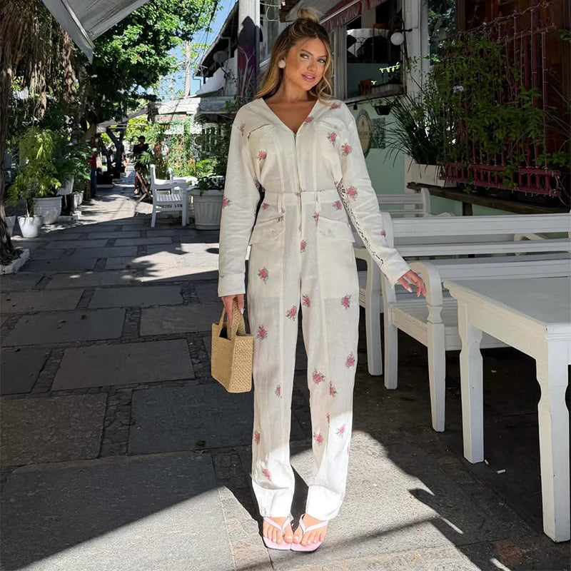 Printed Lace PatchWork Women's Jumpsuit V Neck Long Sleeves Jumpsuits Slim Fit Jumpsuit for Lady 2026 Summer Club Tops