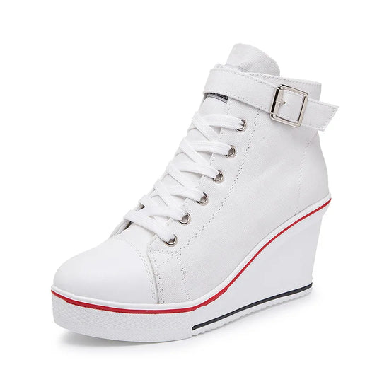 High Top Canvas Women Wedge Shoes Women's Denim Ankle Lace Up Ladies Ankle Canvas Shoes Woman 8cm Heels Sneakers