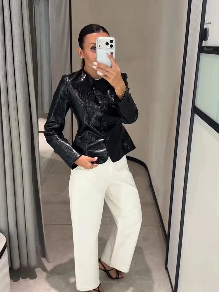 Casual Women's Pu Leather Jacket Slim Single Breasted O-neck Lady Solid Coats 2026 Autumn Fashion Female Street Outerwear
