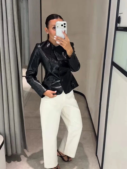 Casual Women's Pu Leather Jacket Slim Single Breasted O-neck Lady Solid Coats 2026 Autumn Fashion Female Street Outerwear