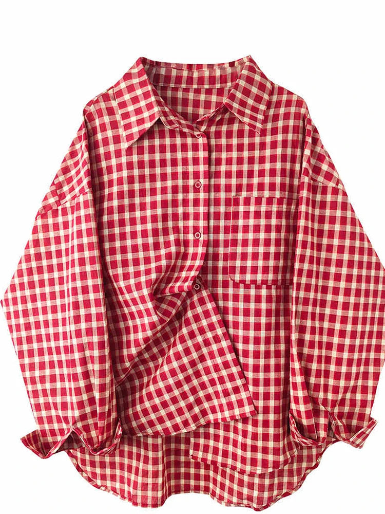 2026 Y2k Autumn Women New Vintage Red Plaid Turn-down Collar Over-shirt Long Sleeve Streetwear Loose Patchwork Harajuku Blouses