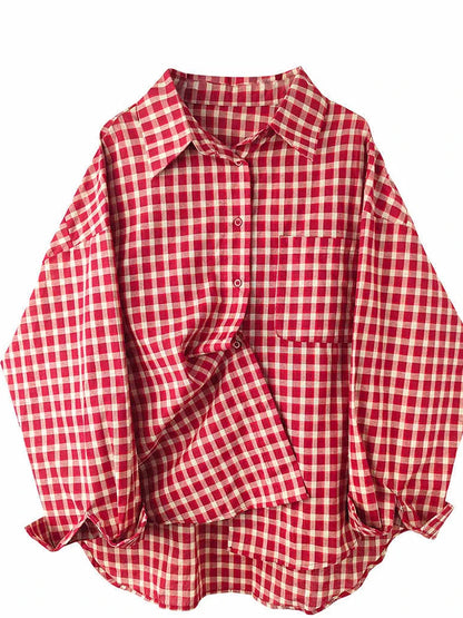 2026 Y2k Autumn Women New Vintage Red Plaid Turn-down Collar Over-shirt Long Sleeve Streetwear Loose Patchwork Harajuku Blouses