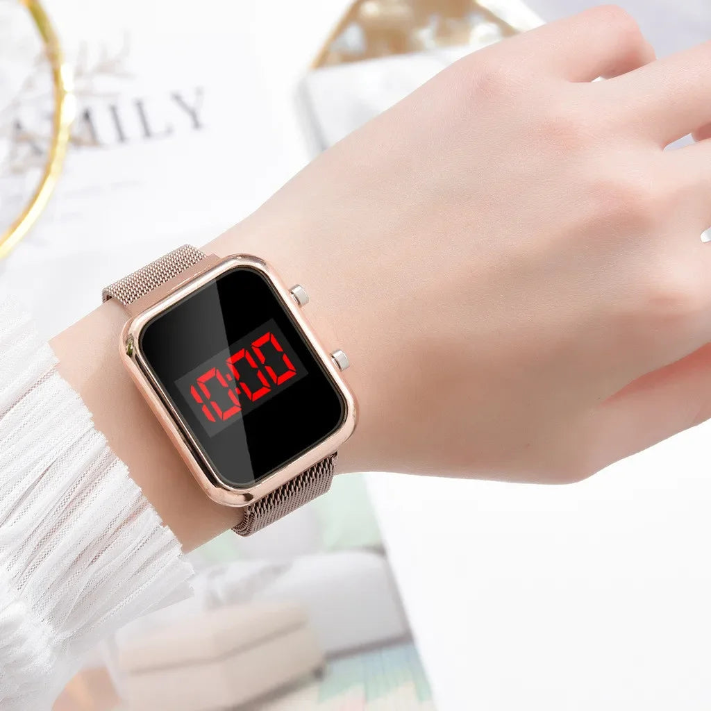 Fashion Rectangle Women LED Digital Watches Luxury Rose Gold Magnetic Mesh Band Electronic Wristwatches Ladies Clock Reloj Mujer