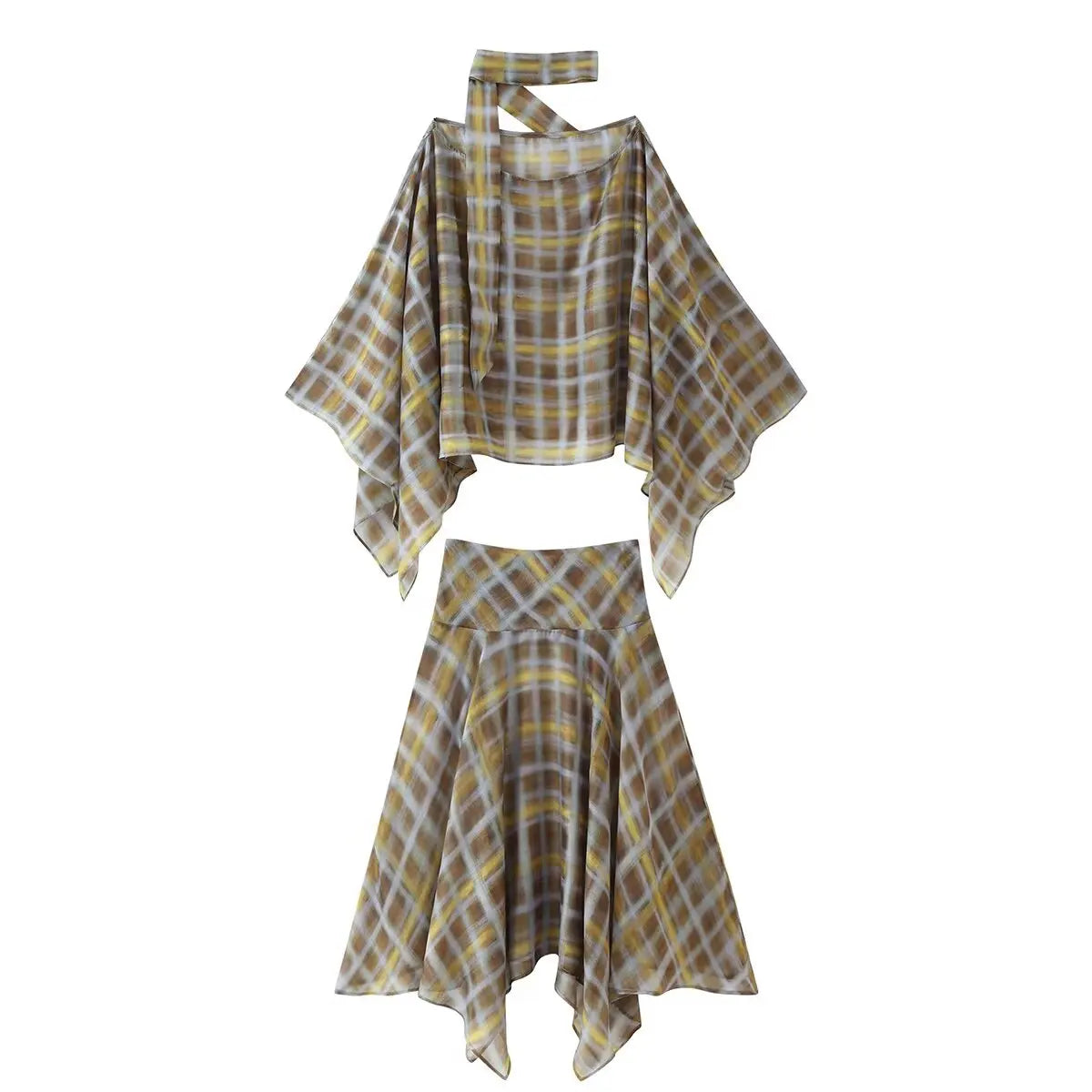 Women's Plaid Cape Top & Asymmetric Skirt Options