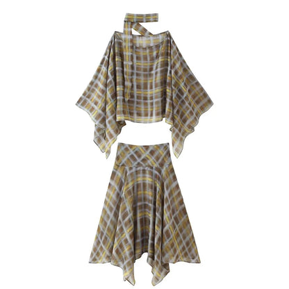 Women's Plaid Cape Top & Asymmetric Skirt Options