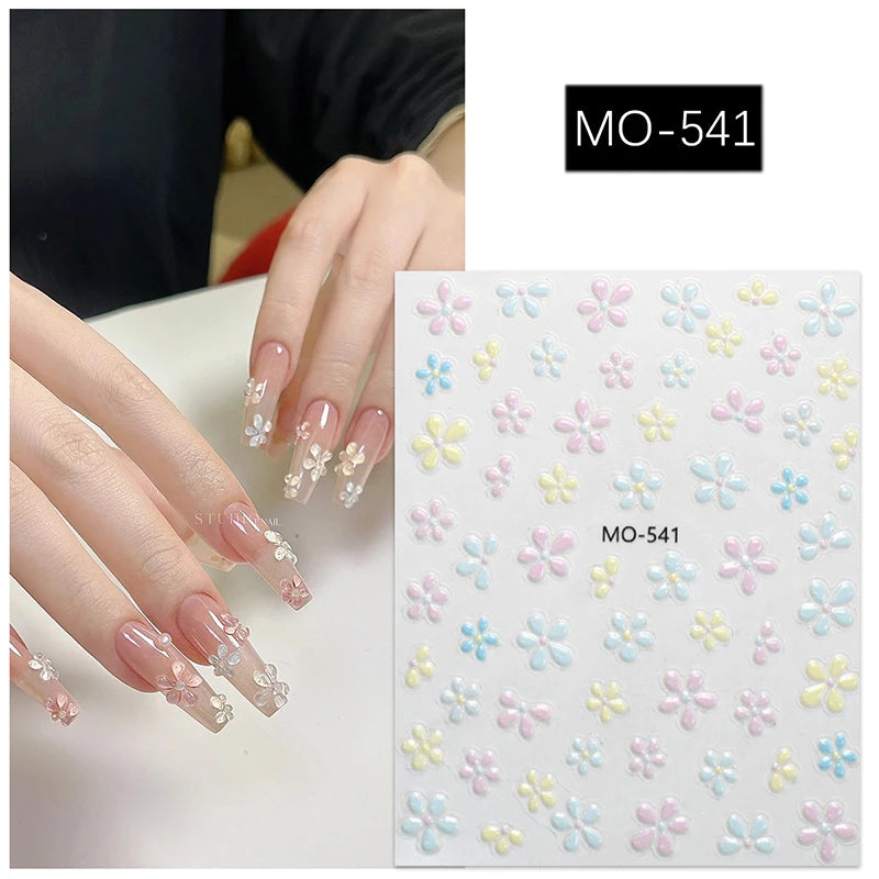 5D Embossed Nail Art Decals Elegant Petals Florals Daisy Flowers Leaves Adhesive Sliders Stickers For Manicure Tips Decoration