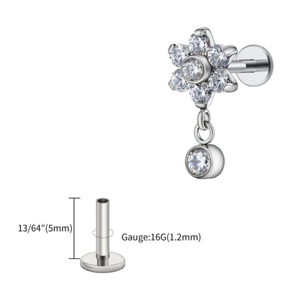 Right Grand ASTM F136 Titanium 16G Flower CZ Drop Dangle Flat Earring Tragus Helix Lobe Stud Piercing Jewelry
