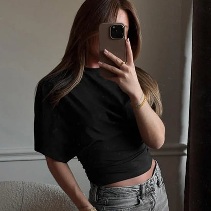 2025 casual solid color simple top round neck short sleeved women's T-shirt