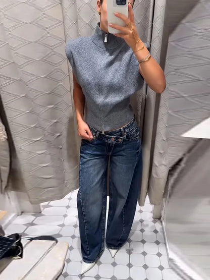 Sleeveless Padded Shoulder Women's Knitted Vest Half Turtleneck Double Zipper Cropped Slim Solid Knit Cardigan Street New Tops