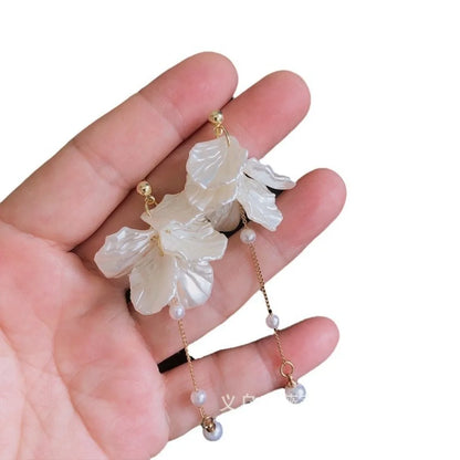 Exquisite Temperament Eternal Flower White Petals Pearl Long Tassels Dangle Earrings for Women Bride Wedding Charm Jewelry Gifts