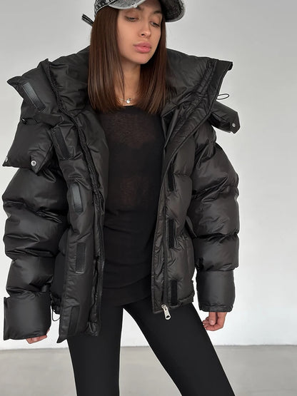 Casual Women's Puffy Hooded Cotton Coat Loose Long Sleeve Pockets Zipper Padded Coats 2026 Winter Lady Drawstring Warm Jackets
