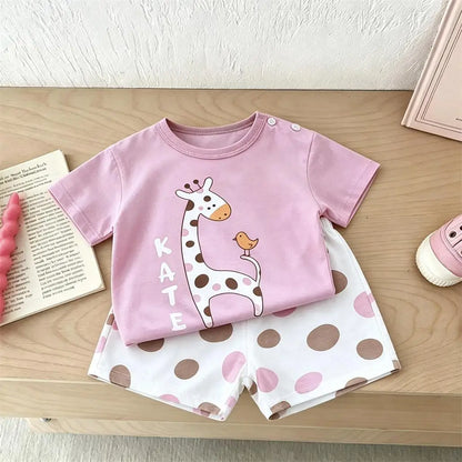 Child Short-sleeved Outfits Cartoon Tshirt+Shorts Two Piece Set Summer Clothing Lovely Tees Loose Casual Shorts Kids Costume