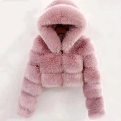 S-6XL Women Coat Autumn Winter Short Hooded Faux Fox Fur Coat Thick Warm Outerwear Fake Fur Woman Jackets Ladies Furry Coats
