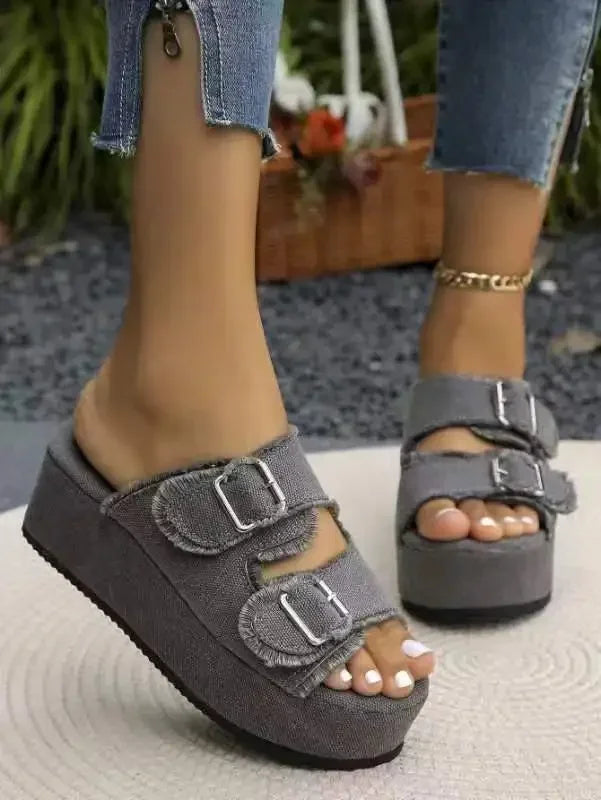 Cowboy Wedges Slippers Shoes Women High Heels Platform Sandals Buckle Flip Flops 2026 Summer Fashion Pumps Zapatos Mujer Slides