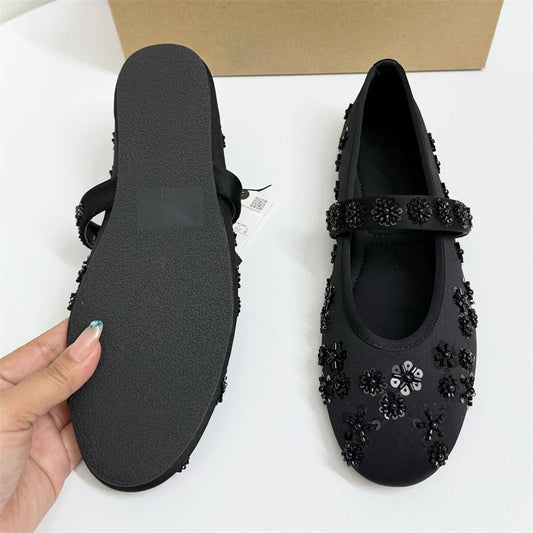 Spring Autumn Women's Fashion Crystal Flower Flats Heels Sandals Elegant Comfortable Round Toe Casual Daily Dress Shoes