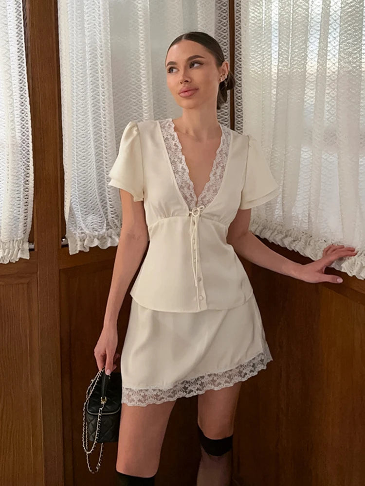 Elegant Lace Patchwork Satin 2 Piece Set Women Solid V-Neck Short Sleeve Top Mini Skirt Suit 2026 Summer Casual Daily Streetwear