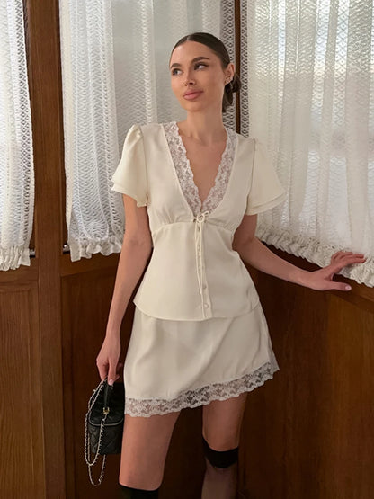 Elegant Lace Patchwork Satin 2 Piece Set Women Solid V-Neck Short Sleeve Top Mini Skirt Suit 2026 Summer Casual Daily Streetwear