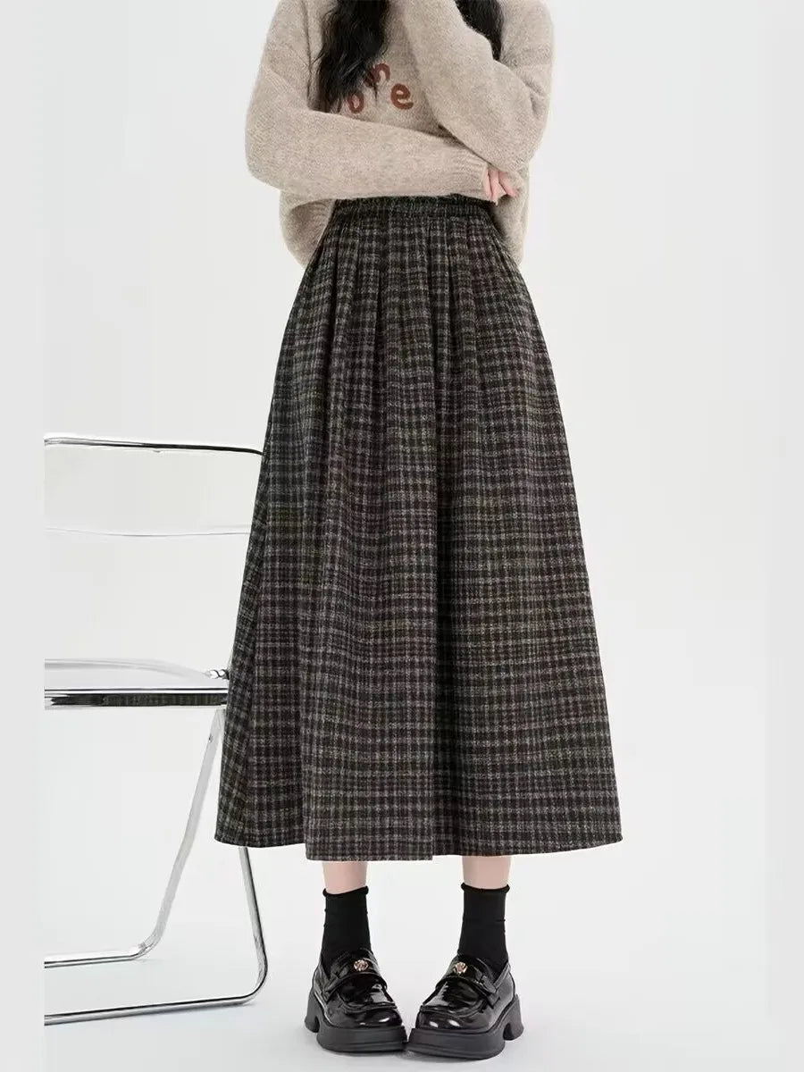 High Waist Plaid Woolen A-Line Skirt plus Size Autumn Winter New Style Retro Artistic Half-length Skirts for Women