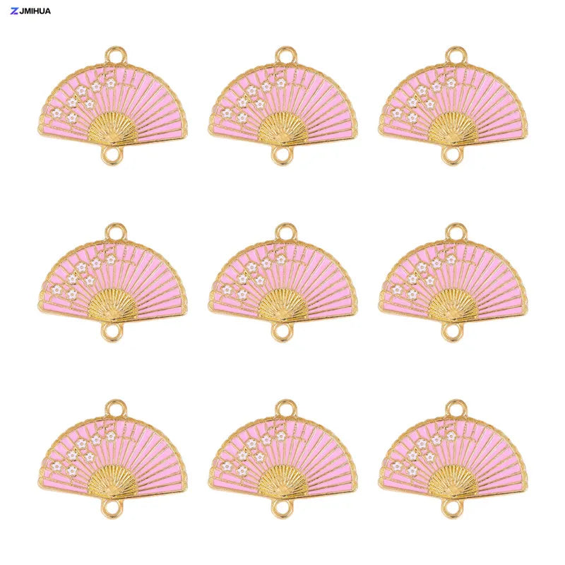 15pcs Enamel Fan Charms Connector Sakura Pattern Pendants For Crafts Jewelry Making DIY Bracelets Earrings Accessories