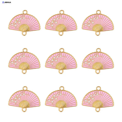 15pcs Enamel Fan Charms Connector Sakura Pattern Pendants For Crafts Jewelry Making DIY Bracelets Earrings Accessories