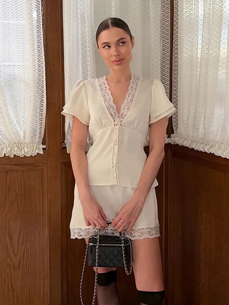 Elegant Lace Patchwork Satin 2 Piece Set Women Solid V-Neck Short Sleeve Top Mini Skirt Suit 2026 Summer Casual Daily Streetwear