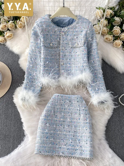 Autumn Winter Women Slim Fit Tweed Jacket Mini Skirt Two Piece Set Elegant Ladies Feathers Beading Sequin Birthday Party Outfits