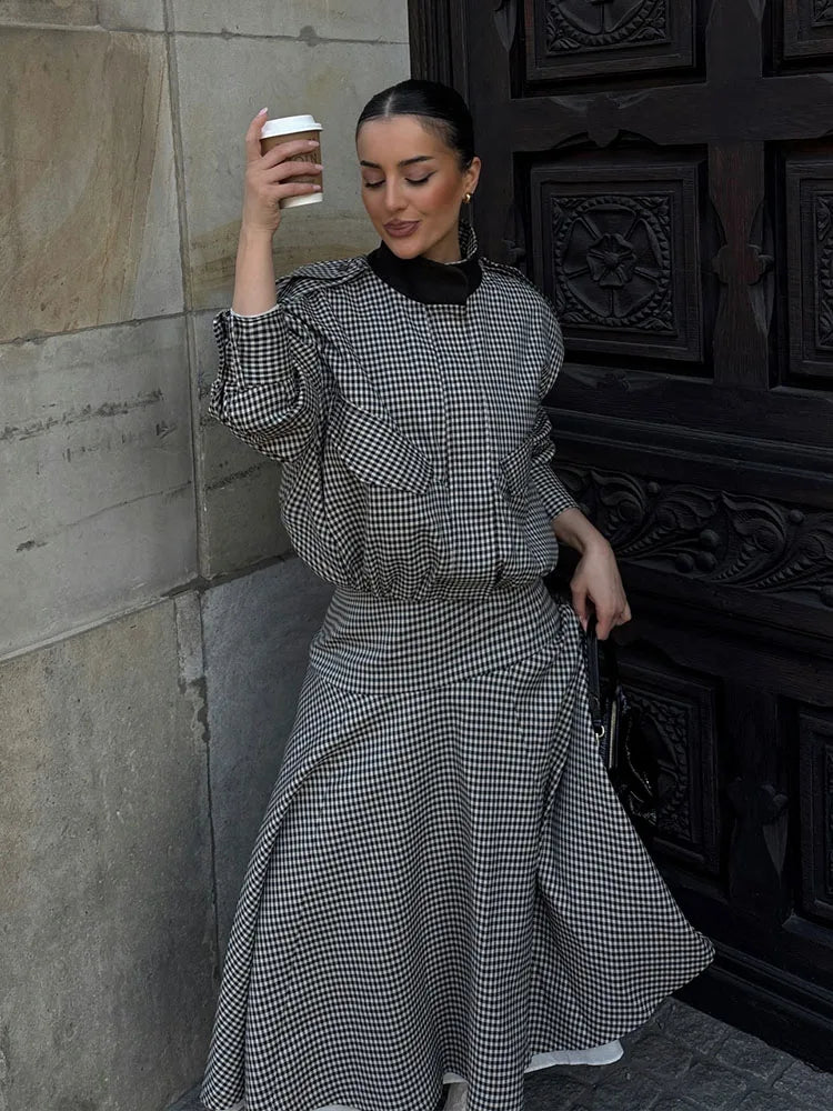 HH 2026 Women Spring Skirt Suit Stand Collar Single Breasted Casual Plaid Bomber Jacket+Side Zipper Splicing Pleated Midi Dress