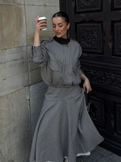 HH 2026 Women Spring Skirt Suit Stand Collar Single Breasted Casual Plaid Bomber Jacket+Side Zipper Splicing Pleated Midi Dress