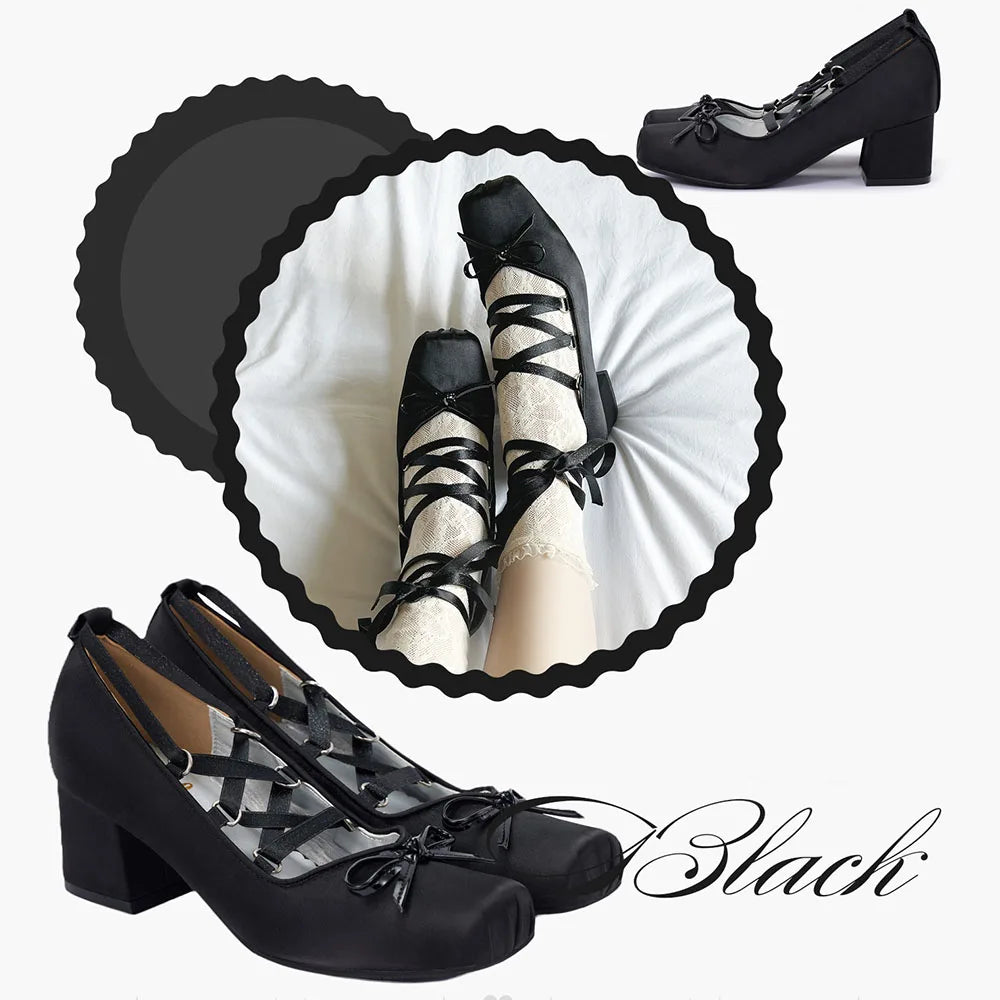 Brand Big Size 43 Square Heels Pink Cross-tied Ballerina Pumps Satin White Lace-up Sweet Lolita Mary Janes Ballet Shoes Women