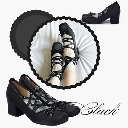 Brand Big Size 43 Square Heels Pink Cross-tied Ballerina Pumps Satin White Lace-up Sweet Lolita Mary Janes Ballet Shoes Women