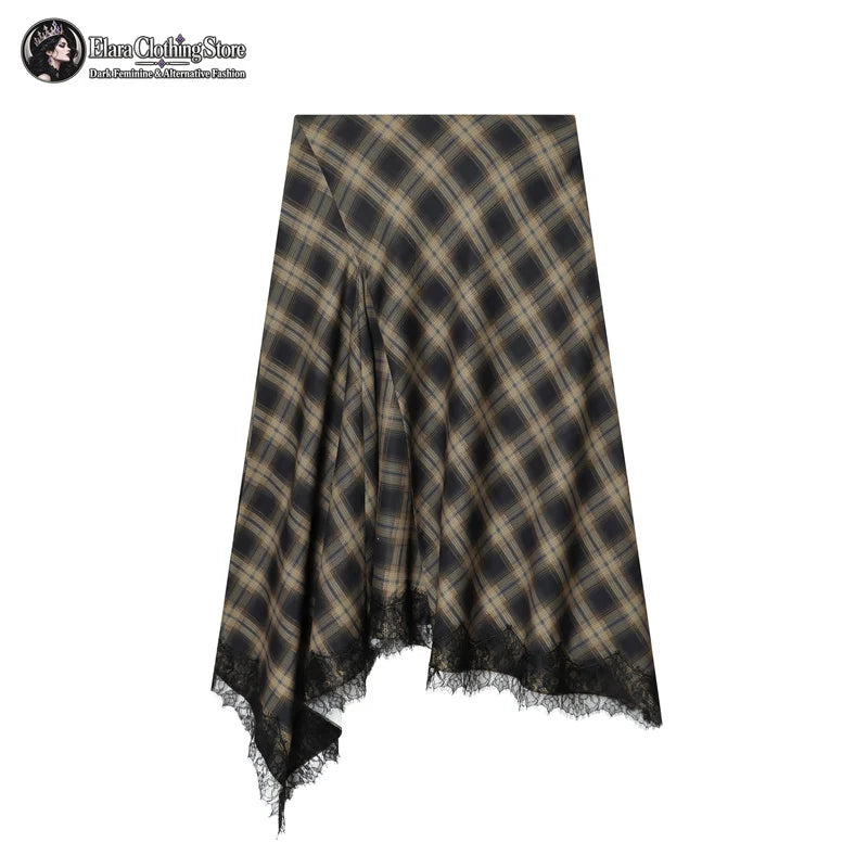 Women's Lace-Trim Asymmetric Plaid Skirt