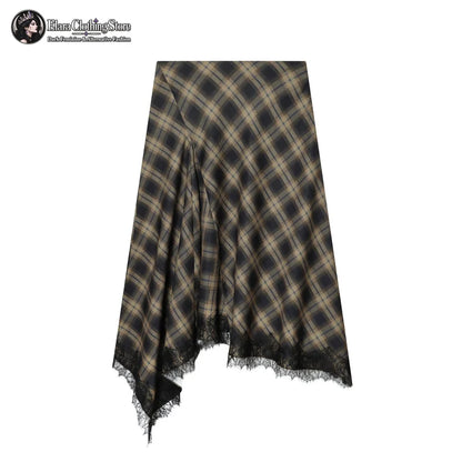 Women's Lace-Trim Asymmetric Plaid Skirt