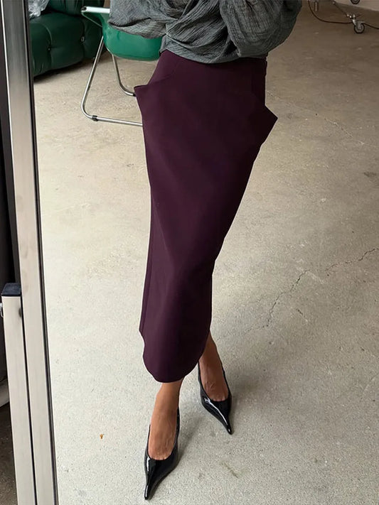 Structured Cut Pocket High Waist Midi Skirt Slim Fit Solid Color 2026 Autumn Fashion Elegant Women Bottom Trendy Chic Lady Skirt