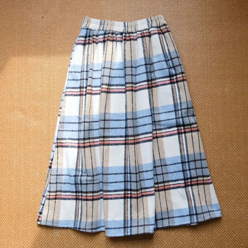 Faux Wool Plaid Midi Skirts for Women Autumn Winter Warm Preppy Pleated Skirts Female Korean Loose Vintage A Line Skirts New