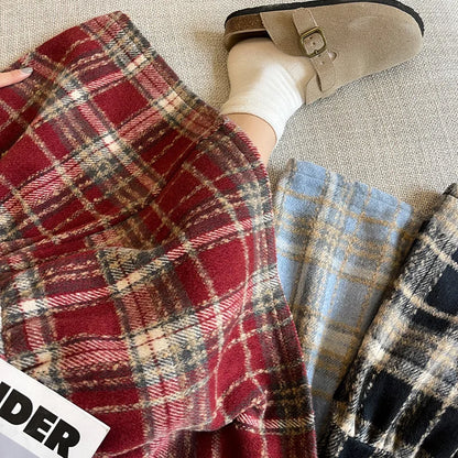 Sweet Vintage High Waist A- Line Plaid Woolen Skirt Women Autumn Winter Midi Length Skirt Woman Comfortable Casual Style