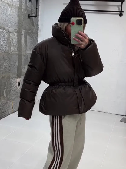Women Stand Collar Puffer Jacket Waist Cinched Zipper Long Sleeve Warm Padded Coat 2026 Winter Commuter Lady Quilted Outerwear