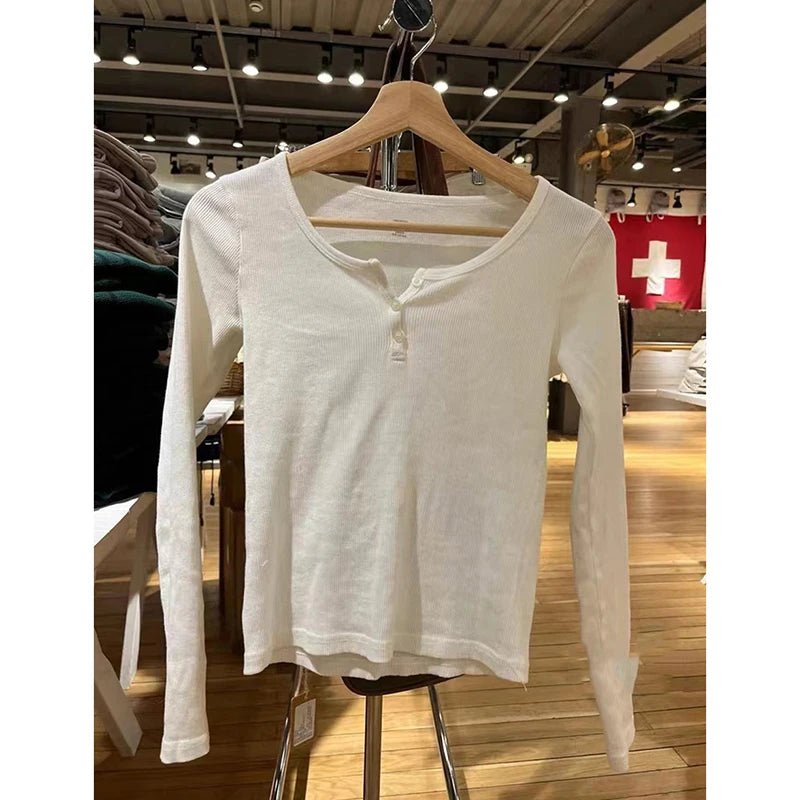 Retro White Ribbed Button T-shirts Women Spring Cotton Round Neck Long Sleeve Tees Female Y2k Streetwear Casual T Shirt Tops