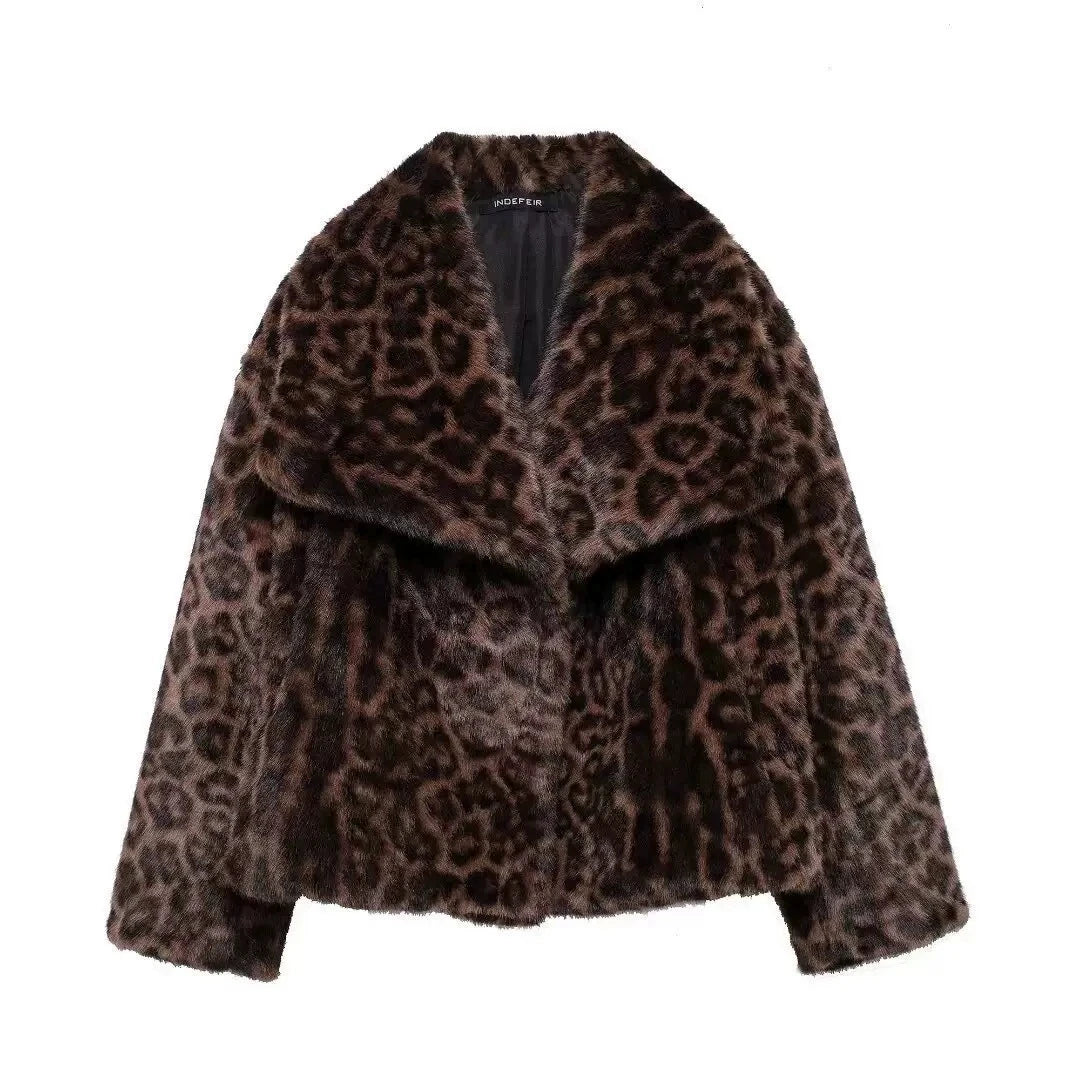 Leopard Print Warm Faux Fur Coat Women Fashion Keep Warm Lapel Collar Long Sleeves Thick Fur Coats Winter New Female Streetwear