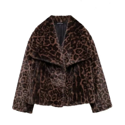 Leopard Print Warm Faux Fur Coat Women Fashion Keep Warm Lapel Collar Long Sleeves Thick Fur Coats Winter New Female Streetwear