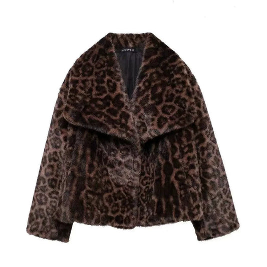 Leopard Print Warm Faux Fur Coat Women Fashion Keep Warm Lapel Collar Long Sleeves Thick Fur Coats Winter New Female Streetwear