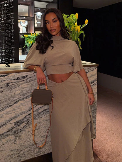 Elegant Irregular Hem Skirt Set Women Short Sleeve Half High Collar Top Loose Long Skirt 2026 Summer Lady New Casual Chic Outfit