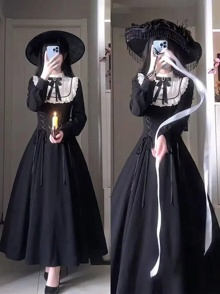 Japanese Gothic Vintage Black Dress Slim Elegant Midi Dress Solid Retro Fashion Party Dress Woman Korean Style Chic