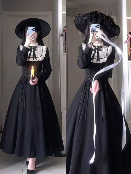 Japanese Gothic Vintage Black Dress Slim Elegant Midi Dress Solid Retro Fashion Party Dress Woman Korean Style Chic