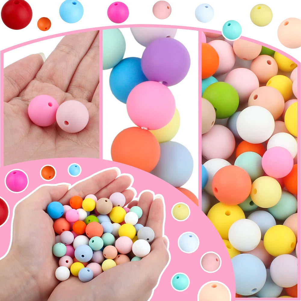 50Pcs/Lot 15mm 9mm 12mm Silicone Beads for DIY KeyChains Jewelry Making Pen Necklace Bracelet Round Loose Beads Choose Color