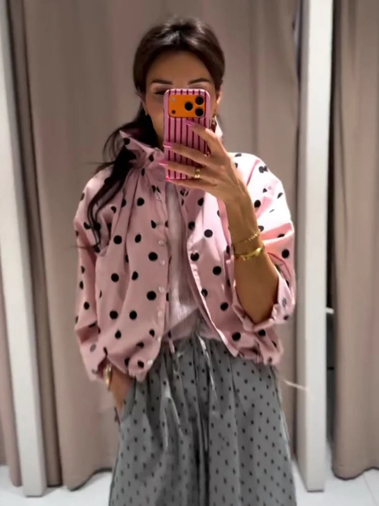 HH Woman Long Sleeve Pink Polka Dot Jacket Fashion Single Breasted High Collar Short Coat Women Spring Casual High Street Jacket